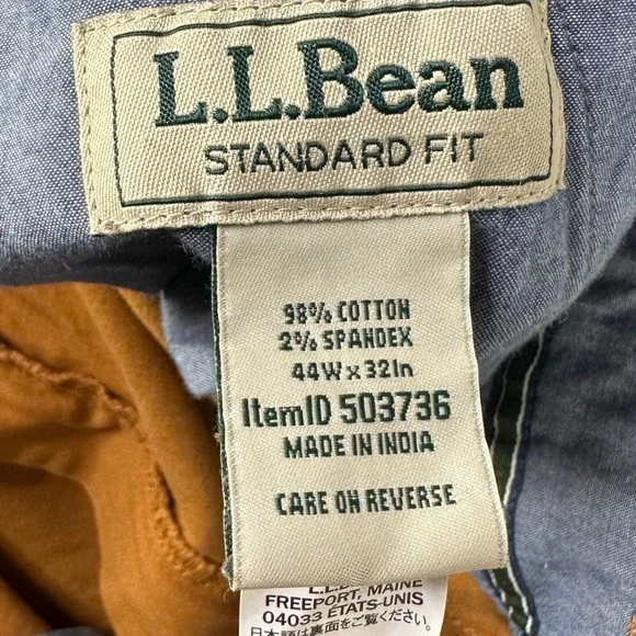 L.L. Bean Standard Fit Mens Khakis Pants 44X32 Mustard Yellow Flat Front Stretch Chinos & Khakis